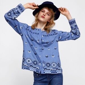 Walter Baker Boho Embroirded Floral Chambray Top Sz Small
